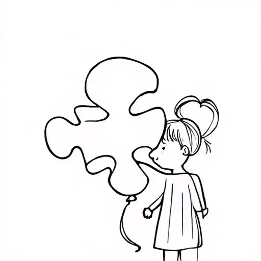 A minimalist tattoo of a puzzle piece balloon (symbolizing autism) combined with a child (girl) tattoo design idea