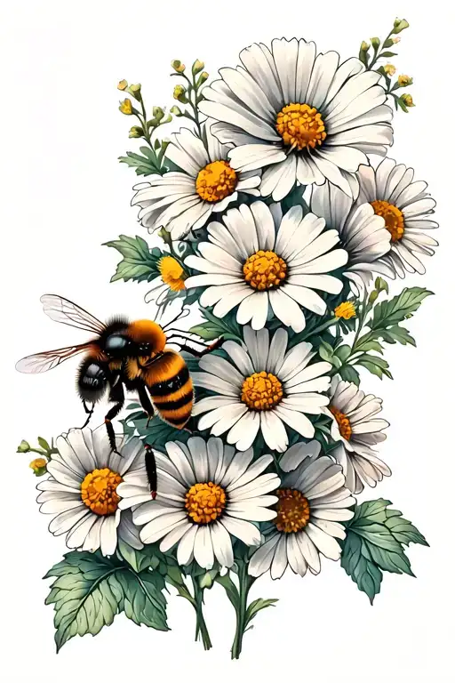 Bee with cosmos, morning glory and daisy flower bouquet  tattoo design idea