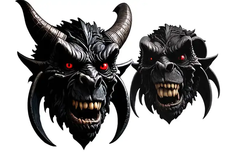 black gargoyle head with red eyes and big horns similar to the stone brewery logo facing front tattoo design idea