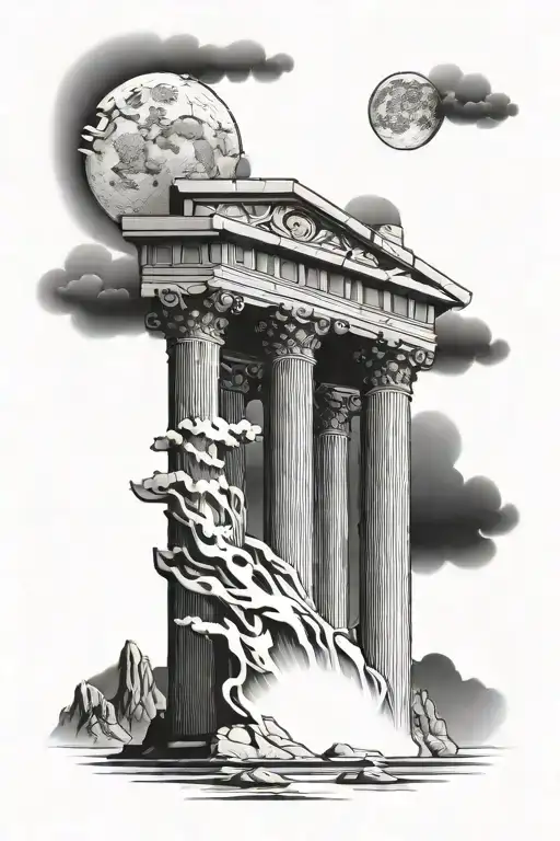 greek pillar building with moon and river flowing tattoo design idea