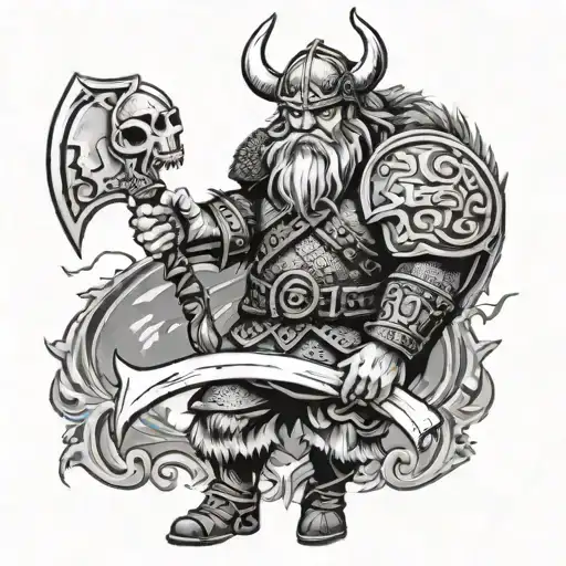 viking with axe and shield, bear standing tattoo design idea