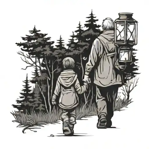 Grandfather and child walking into a thick forest, while grandfather is holding a lantern, shown from the back tattoo design idea