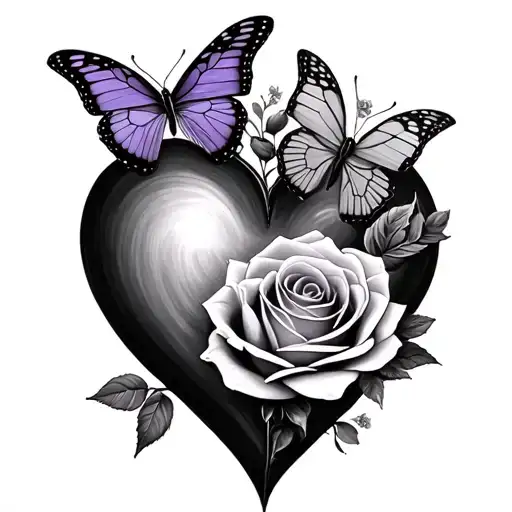 heart, rose, merigold, violet, 3 butterflies tattoo design idea