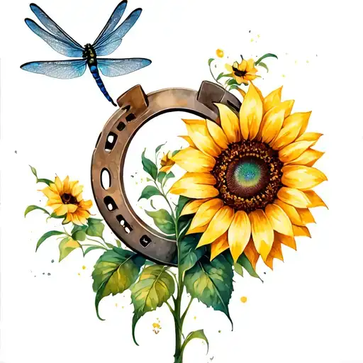 horseshoe with sunflower and dragonfly watercolor tattoo tattoo design idea