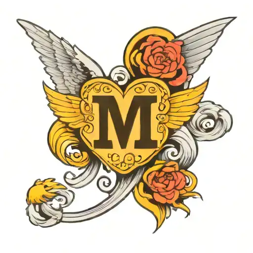 letters M and L heart with wings tattoo design idea