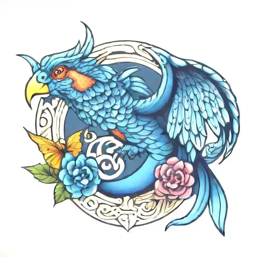 dragon parrot and butterfly emerging centrically in symmetry tattoo design idea