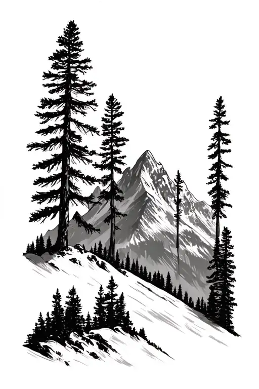 Teton mountain range with one or a few large pine trees tattoo design idea