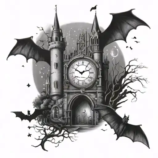 I want a leg sleeve that has the sun and moon but mostly focuses on a night theme with a gothic castle, stars, and bats. tattoo design idea