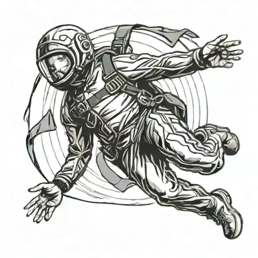 A black and grey tattoo of a skydiver freefalling towards the ground, with a small suicide survivor ribbon incorporated into the design tattoo design idea