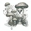 An intricate hourglass with mushroom spores floating around, representing the passage of time and growth tattoo design idea