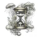 An intricate hourglass with mushroom spores floating around, representing the passage of time and growth tattoo design idea