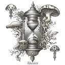 An intricate hourglass with mushroom spores floating around, representing the passage of time and growth tattoo design idea
