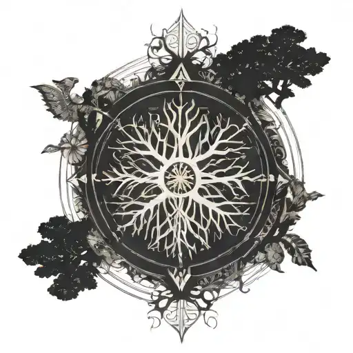 tree of life and its roots intertwining a compass and the viking symbol for love  tattoo design idea