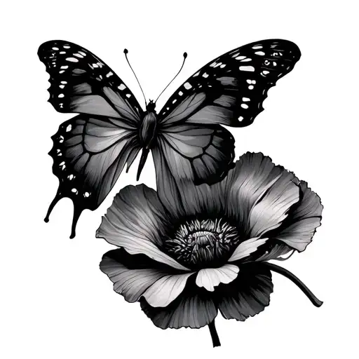 Night butterfly and faded poppy Gothic art rolled around tattoo design idea