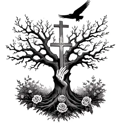 dead oak tree with cross on it growing out of praying hands. wrapped in a rosery with a crow flying into the heavens  tattoo design idea