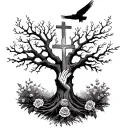 dead oak tree with cross on it growing out of praying hands. wrapped in a rosery with a crow flying into the heavens  tattoo design idea