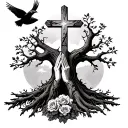 dead oak tree with cross on it growing out of praying hands. wrapped in a rosery with a crow flying into the heavens  tattoo design idea