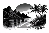 Beach Sunset with mountains tattoo design idea