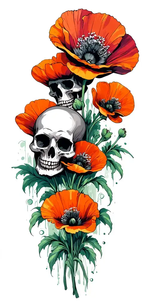 full sleeve of opium poppies and skulls representing dark periods tattoo design idea