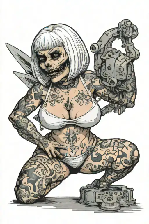 Sexy petite Woman with white short bob hairstyle, giant Boobs, Wide hips, G-String, Revealing bra, Full Body View tattoo design idea