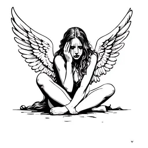 fallen angel sitting crying tattoo design idea