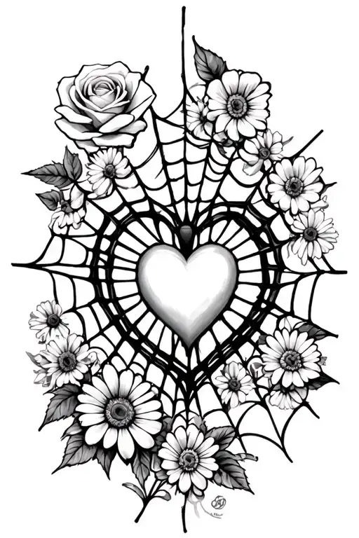 heart spider web with a heart in the middle and aspider,honeysuckle,roses,daisies  tattoo design idea