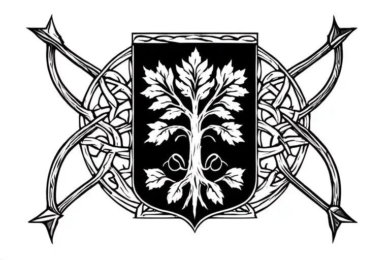 “A minimalist heraldic design with a stylized oak tree, longbow and a single arrow and Celtic border.” tattoo design idea