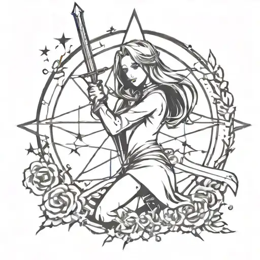 Draw sketches of a girl holding a Gothic style sword around a star tattoo design idea