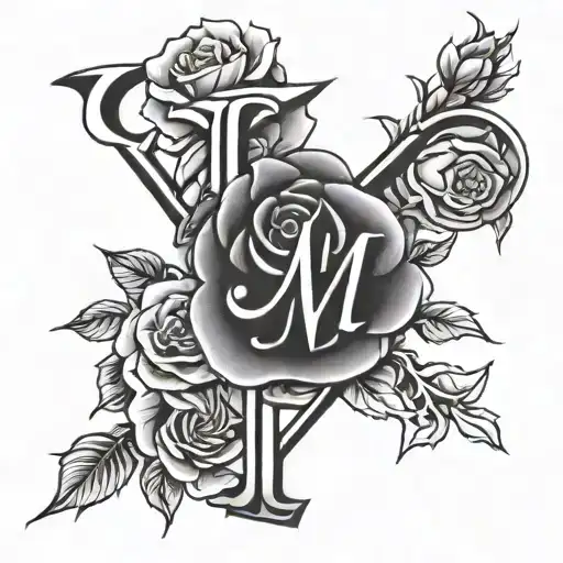 love, roses, fire,  the letters J and M  tattoo design idea