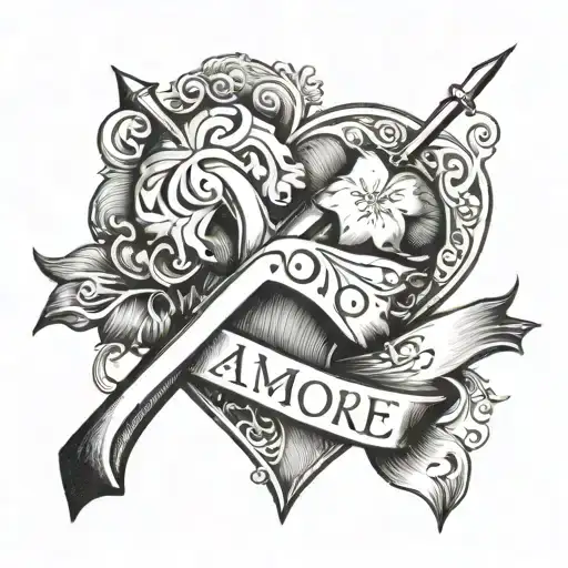 family using the word amore with a cross tattoo design idea