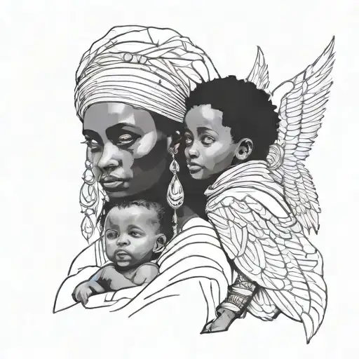 ethiopian women full body a child, women have wings both wearing traditional habesha white dress, traditional hair style tattoo design idea