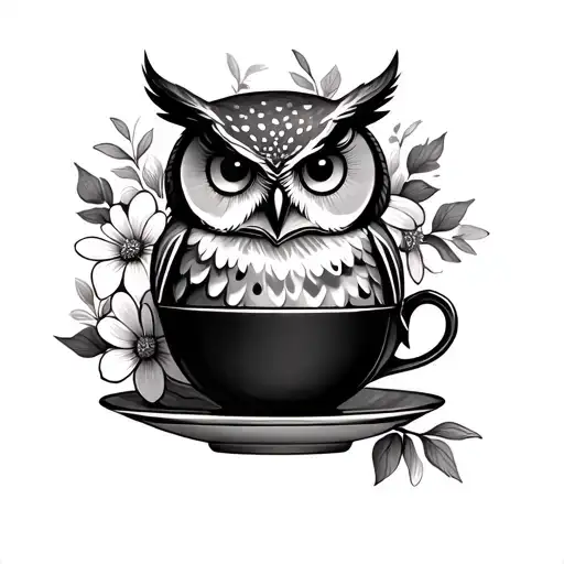 owl in a tea cup surrounded by blooming flowers tattoo design idea