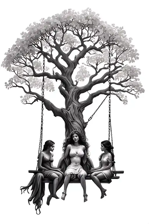 tree tattoo with swing and 3 seated girls tattoo design idea