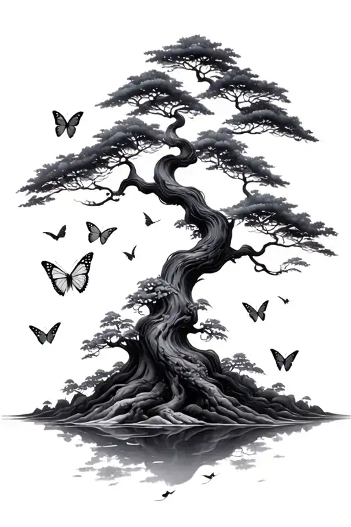 chinese tree with butterflies flying towards tattoo design idea