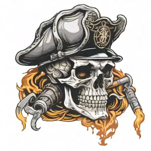 fire fighter skull smoking a cigar with the ocean and fire fighter emblem behind with 2 axes tattoo design idea