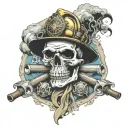 fire fighter skull smoking a cigar with the ocean and fire fighter emblem behind with 2 axes tattoo design idea