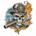 fire fighter skull smoking a cigar with the ocean and fire fighter emblem behind with 2 axes tattoo design idea