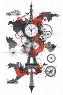 world map, compass, eiffel tower, dubai tower skyline, clock, compass tattoo design idea