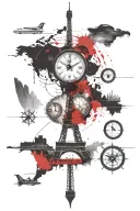 world map, compass, eiffel tower, dubai tower skyline, clock, compass tattoo design idea