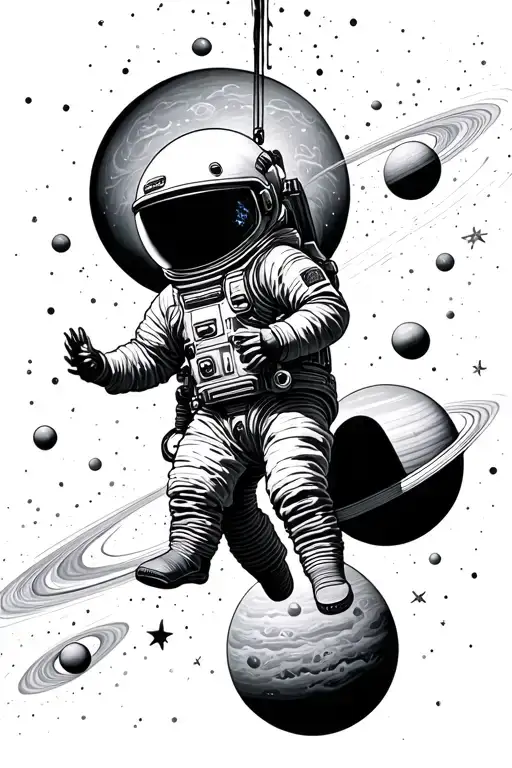 Endless space, planets and stars in the background. A small man in a spacesuit is hanging in this space in an inverted p tattoo design idea