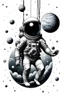 Endless space, planets and stars in the background. A small man in a spacesuit is hanging in this space in an inverted p tattoo design idea