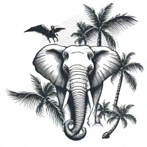 an elephant's head, wings, two slightly larger palm trees, shadows of two brothers and one sister  tattoo design idea