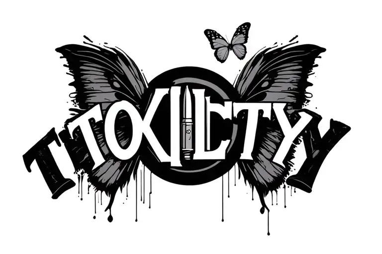 The word toxicity as the Hollywood sign with a bullet with butterfly wings on the t and the circle from a perfect circle tattoo design idea