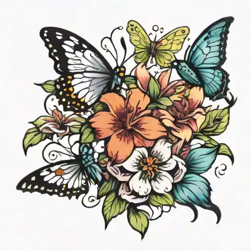 butterflies and hummingbirds flying around a flower tattoo design idea