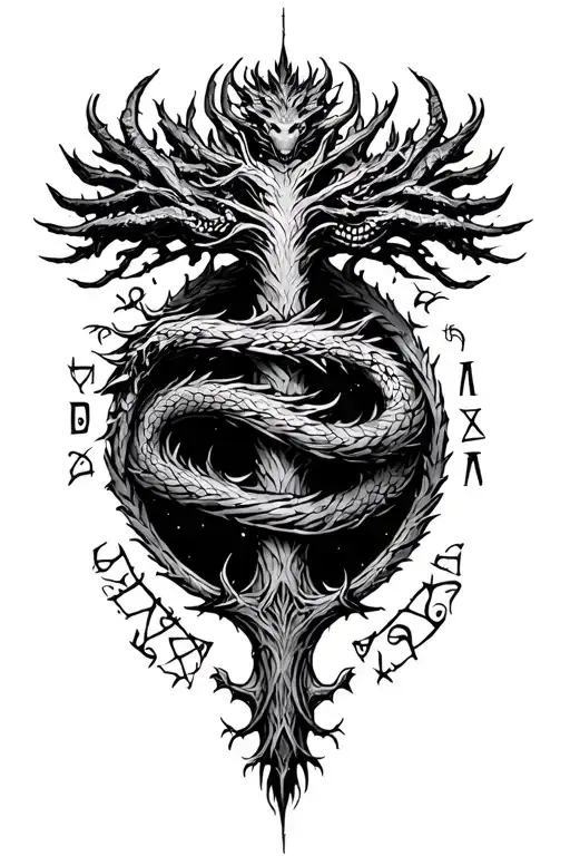 nordic tree of life with a nordic dragon wrapped around and runes surrounding it tattoo design idea
