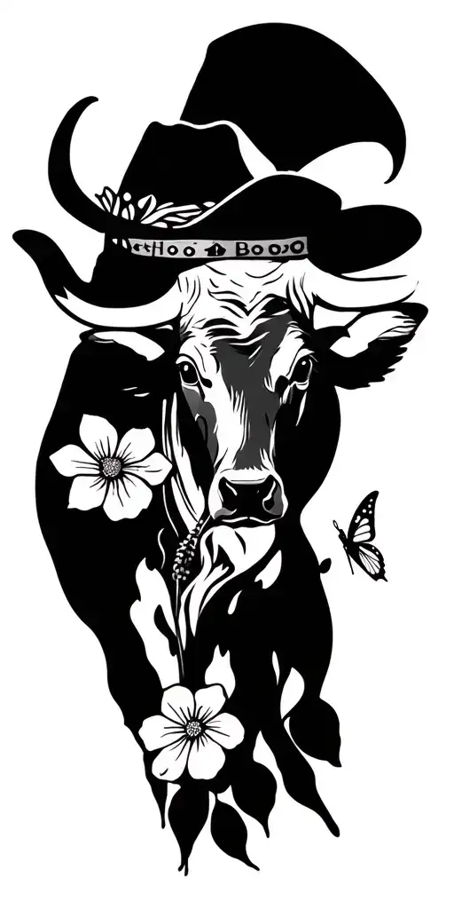 western vibes, small bulls, sculls, floral, butterfly, cowgirly,  tattoo design idea