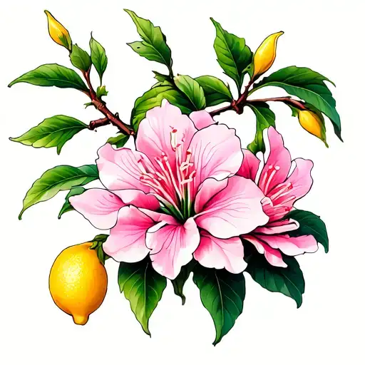 azalea flower hanging off a lemon tree branch tattoo design idea