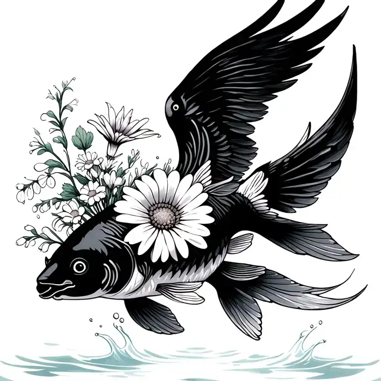 jumping Up out of water black white koi with phoenix wings, bouquet with an aster, a daisy, a lily of the valley tattoo design idea