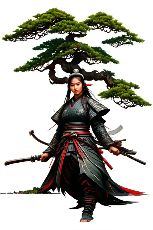  large bonsai in background with samurai female warrior tattoo design idea