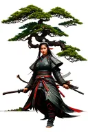  large bonsai in background with samurai female warrior tattoo design idea
